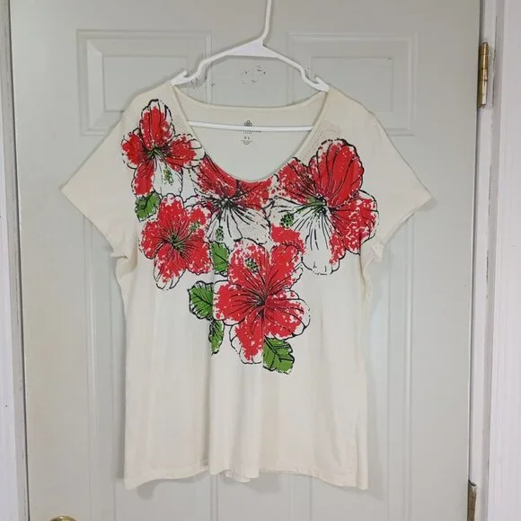 Charter Club T-Shirt XL Womens Floral 100% Cotton Short Sleeve Ivory & Red - Picture 1 of 6